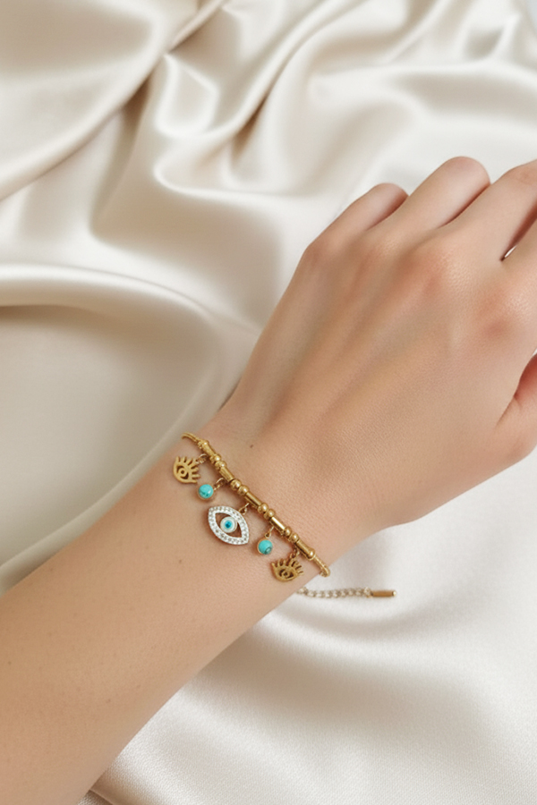 Bohemian Gold Anti-Tarnish Dangle Charm Bracelet with Pave Evil Eye & Turquoise