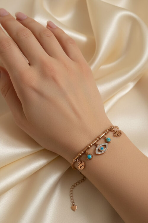 Luxurious Rose Gold Anti-Tarnish Evil Eye Charm Bracelet with Turquoise