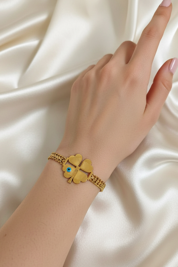 Bold Gold Anti-Tarnish Clover & Evil Eye Chain Bracelet