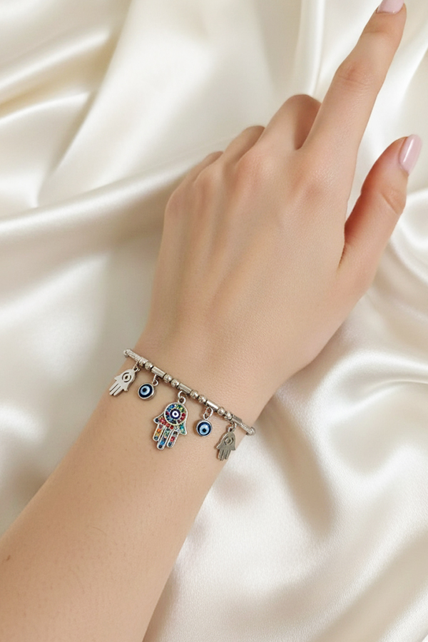 Silver Anti-Tarnish Hamsa & Evil Eye Charm Bracelet with Crystal Pave