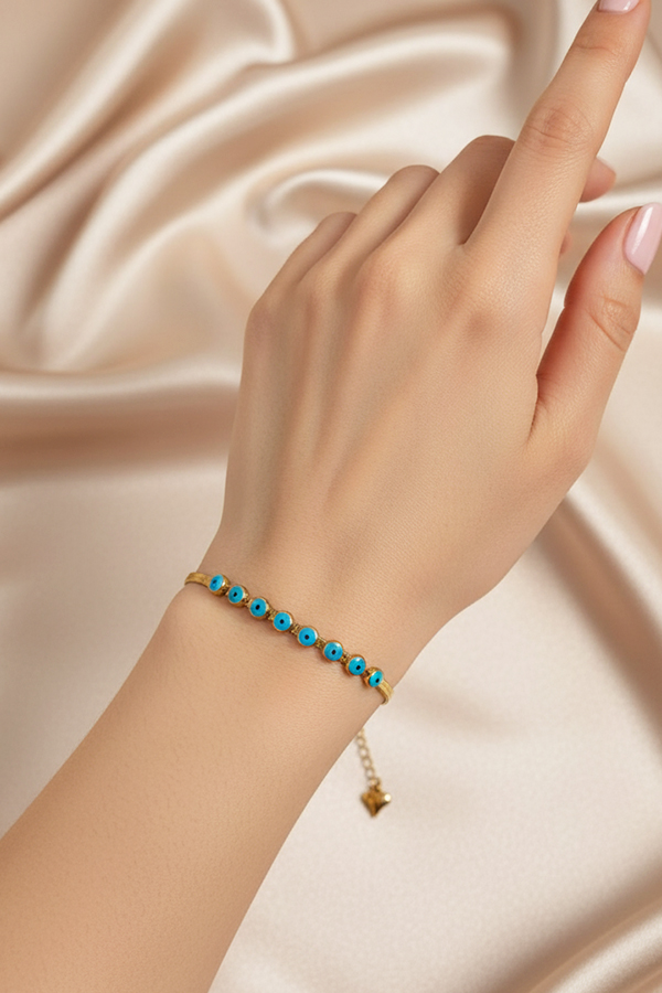 Delicate Gold Anti-Tarnish Evil Eye Station Bracelet in Turquoise