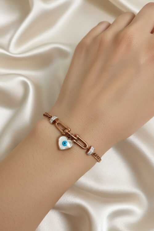 Chic Rose Gold Anti-Tarnish U-Link Bracelet with Heart Evil Eye Charm