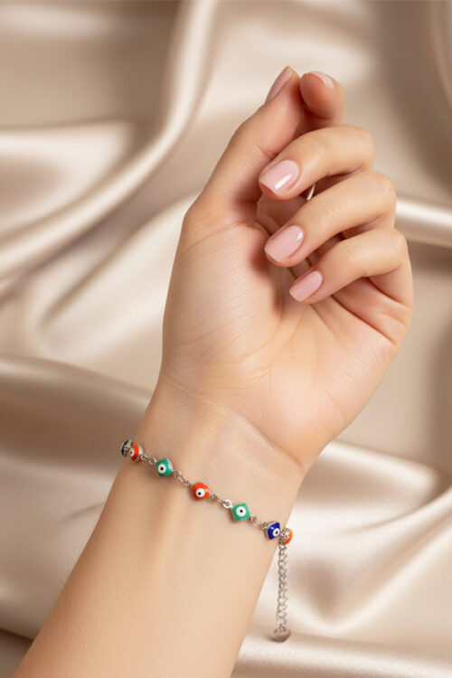 Playful Silver Anti-Tarnish Rainbow Evil Eye Heart Chain Bracelet