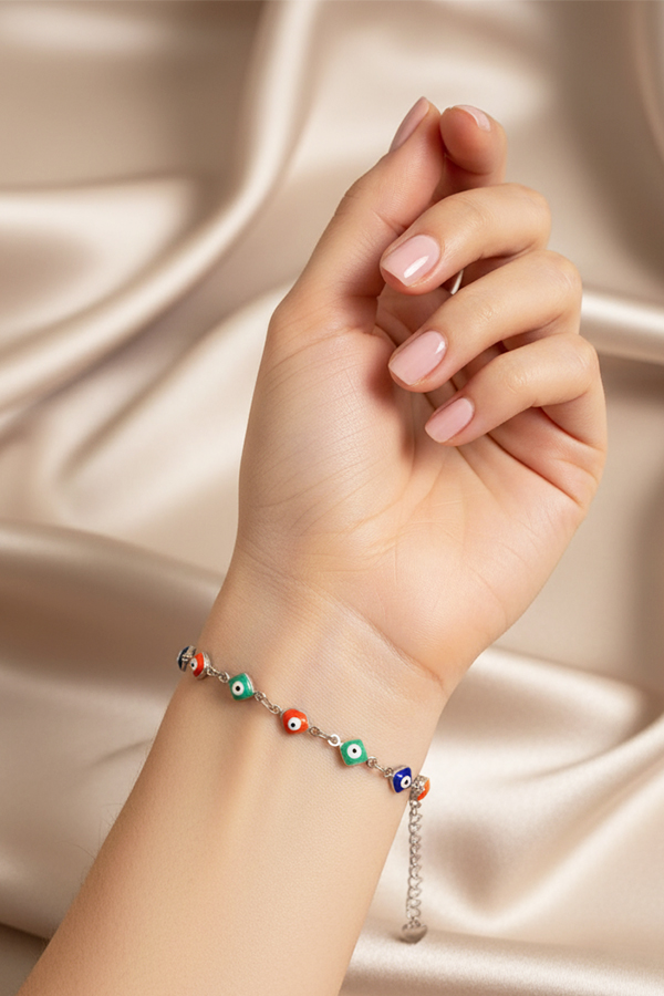 Playful Silver Anti-Tarnish Rainbow Evil Eye Heart Chain Bracelet