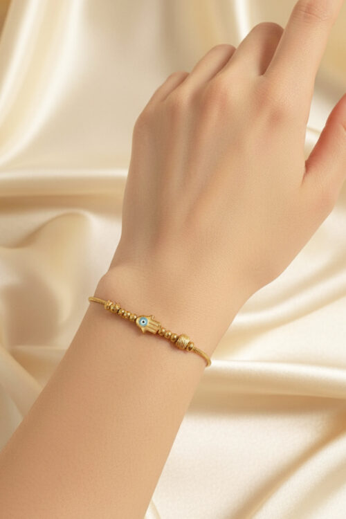 Delicate Gold Anti-Tarnish Beaded Bracelet with Hamsa & Evil Eye Charm