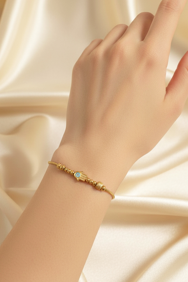Delicate Gold Anti-Tarnish Beaded Bracelet with Hamsa & Evil Eye Charm