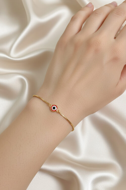 Delicate Gold Adjustable Slider Bracelet with Red Evil Eye