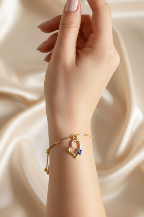 Adjustable Gold Bolo Bracelet with Heart & Evil Eye Charm