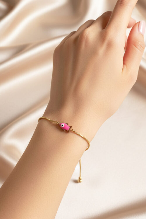 Delicate Gold Adjustable Slider Bracelet with Pink Enamel Fish Charm
