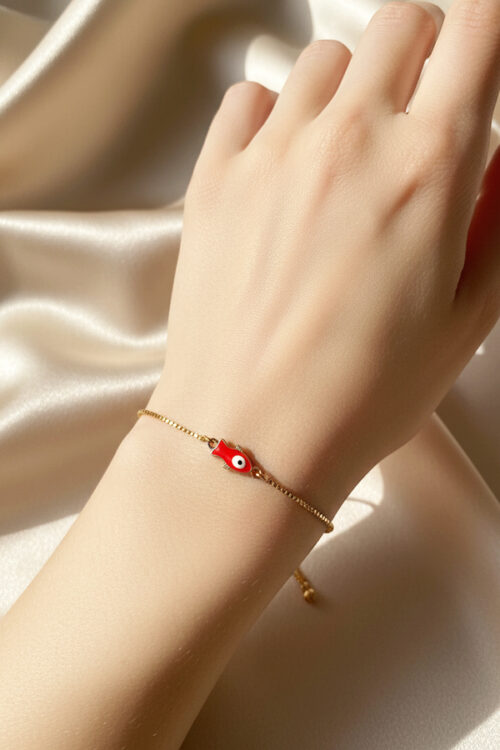 Charming Gold Adjustable Slider Bracelet with Red Evil Eye Fish Charm