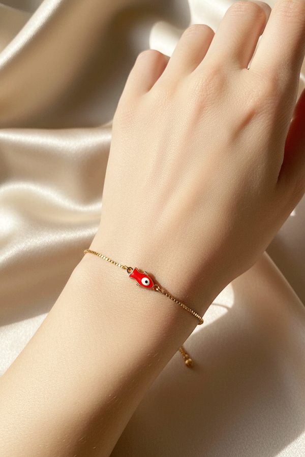 Charming Gold Adjustable Slider Bracelet with Red Evil Eye Fish Charm