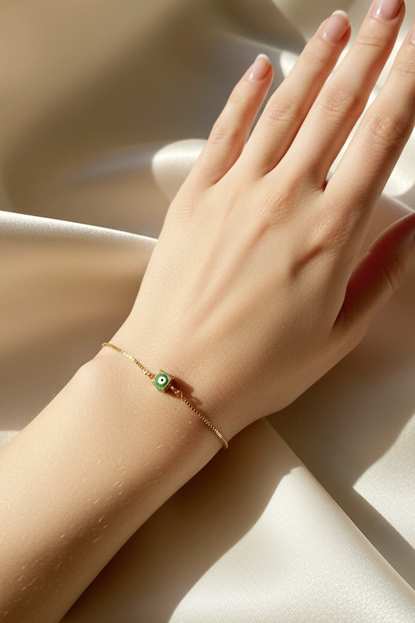 Chic Gold Adjustable Slider Bracelet with Green Square Evil Eye