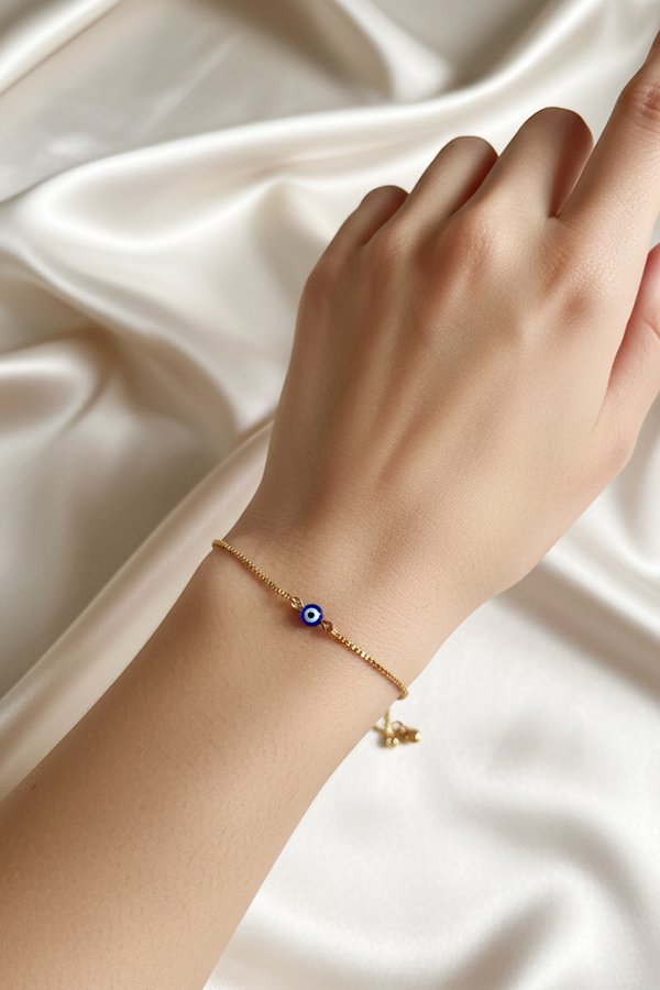 Minimalist Gold Adjustable Slider Bracelet with Classic Evil Eye Bead