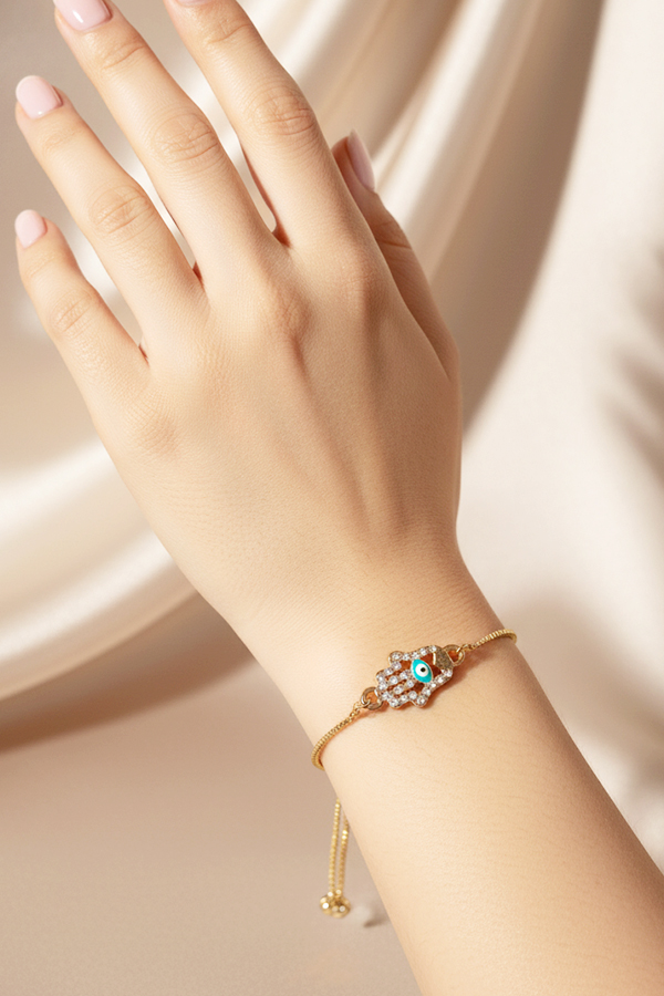 Dazzling Gold Adjustable Hamsa Hand Bracelet with Pave Evil Eye