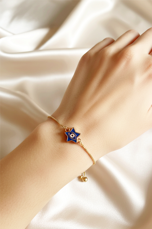 Delicate Gold Adjustable Slider Bracelet with Star & Evil Eye Charm