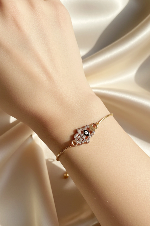 Dazzling Gold Adjustable Bolo Bracelet with Pave Hamsa & Evil Eye Charm