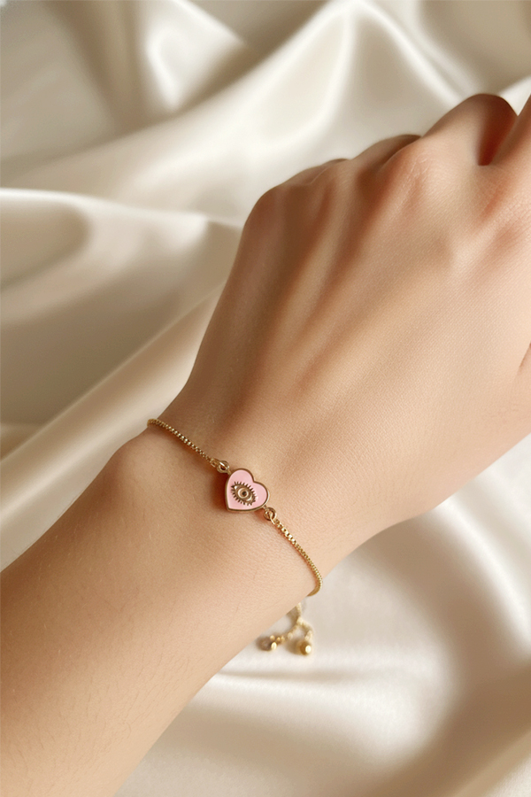 Delicate Gold Adjustable Slider Bracelet with Pastel Pink Heart Evil Eye