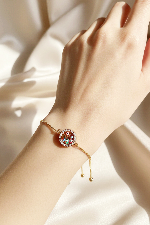 Dazzling Gold Adjustable Slider Bracelet with Rainbow Evil Eye Medallion
