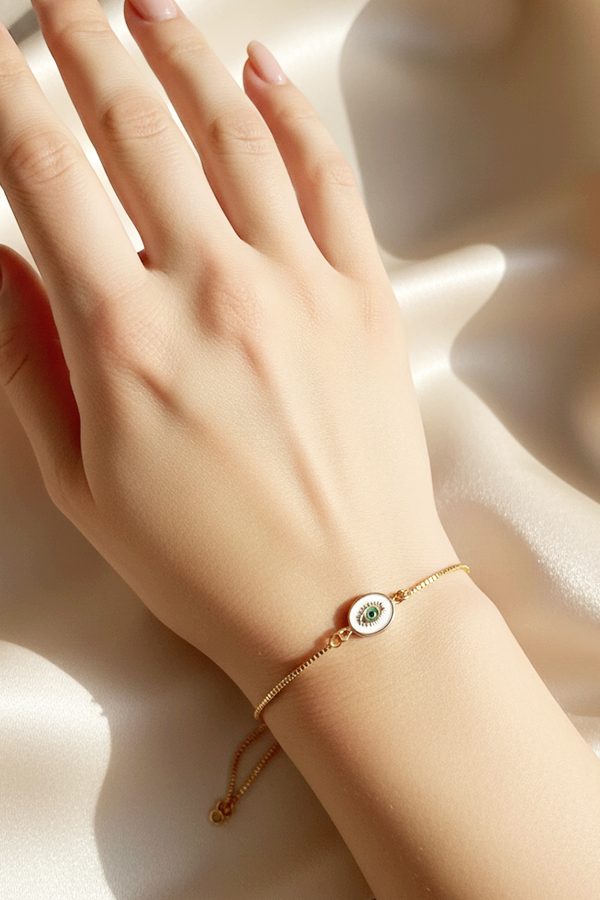 Elegant Gold Adjustable Slider Bracelet with Green Evil Eye Enamel