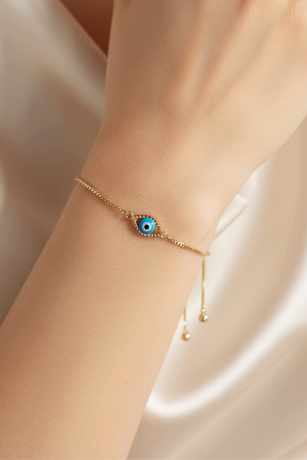 Dainty Gold Adjustable Bolo Bracelet with Pave Evil Eye Charm