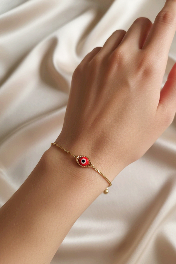 Delicate Gold Adjustable Slider Bracelet with Striking Red Evil Eye