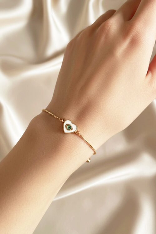 Delicate Gold Adjustable Slider Bracelet with Heart & Green Evil Eye Charm