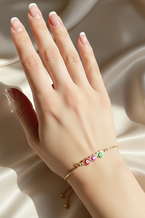 Charming Gold Adjustable Slider Bracelet with Trio of Colorful Evil Eye Hearts