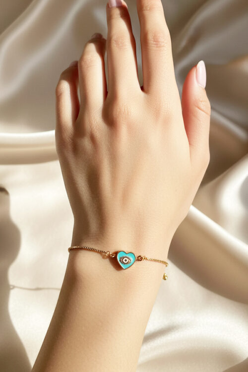 Delicate Gold Adjustable Slider Bracelet with Turquoise Heart Evil Eye