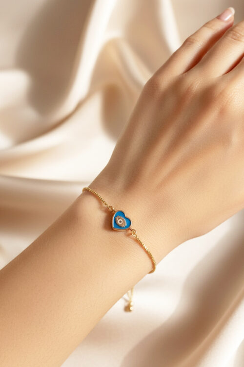 Delicate Gold Adjustable Slider Bracelet with Heart Evil Eye Charm