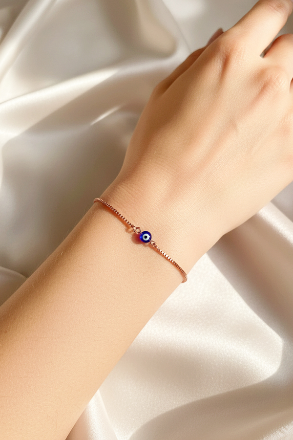 Minimalist Rose Gold Adjustable Slider Bracelet with Evil Eye Bead