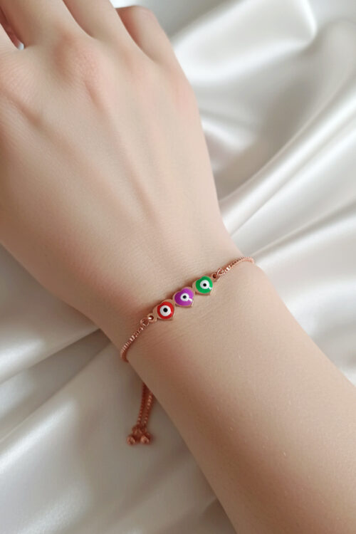 Charming Rose Gold Adjustable Slider Bracelet with Trio of Colorful Evil Eye Hearts