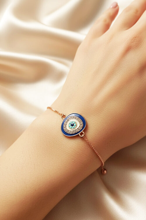 Luxurious Rose Gold Adjustable Slider Bracelet with Pave Evil Eye Medallion