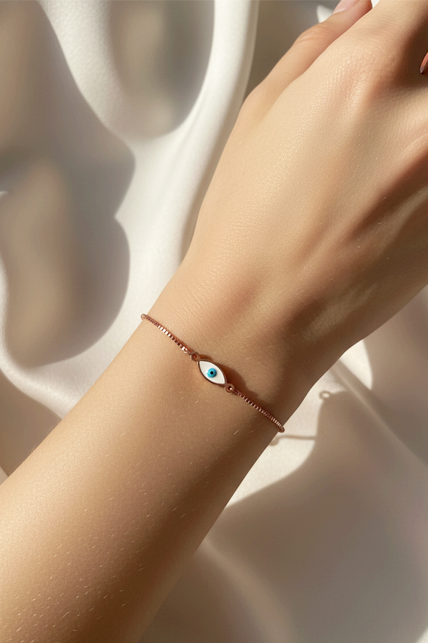 Minimalist Rose Gold Adjustable Slider Bracelet with Oval Evil Eye Charm