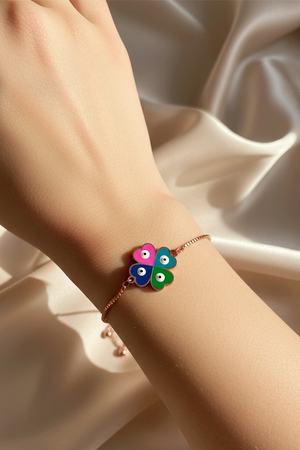 Rose Gold Adjustable Slider Bracelet with Colorful Four-Leaf Clover Evil Eye