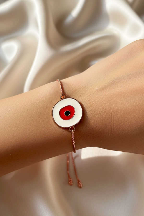 Bold Rose Gold Adjustable Slider Bracelet with Red & White Evil Eye