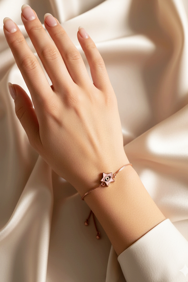 Charming Rose Gold Adjustable Slider Bracelet with Pink Star Evil Eye