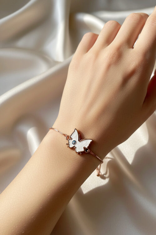 Delicate Rose Gold Adjustable Slider Bracelet with Mother-of-Pearl Butterfly