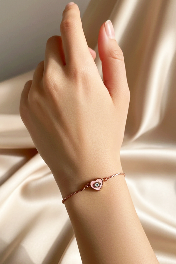 Delicate Rose Gold Adjustable Slider Bracelet with Pink Heart Evil Eye