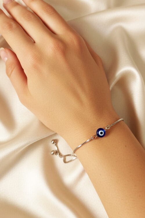 Minimalist Silver Adjustable Slider Bracelet with Classic Evil Eye Bead