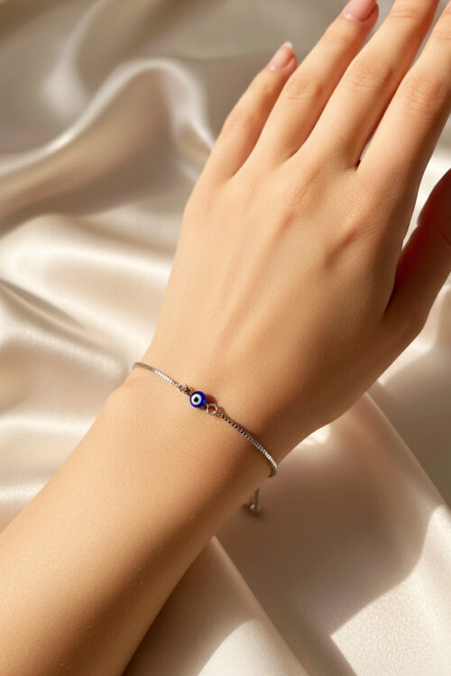 Minimalist Silver Adjustable Slider Bracelet with Classic Evil Eye Bead