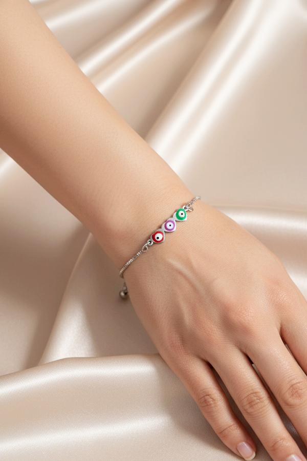 Charming Silver Adjustable Slider Bracelet with Multi-Color Heart Evil Eyes
