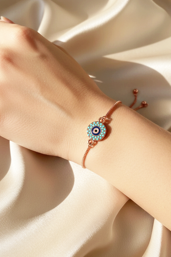 Elegant Rose Gold Adjustable Slider Bracelet with Dotted Mosaic Evil Eye