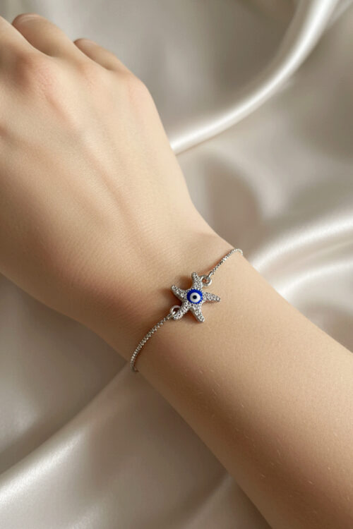 Sparkling Silver Adjustable Slider Bracelet with Starfish Evil Eye Charm