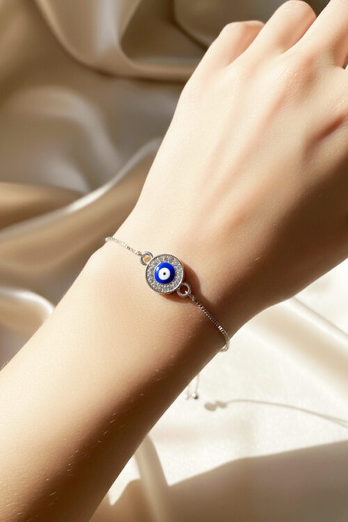 Dazzling Silver Adjustable Slider Bracelet with Pave Crystal Evil Eye Medallion