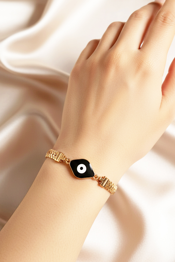 Bold Gold Multi-Strand Chain Bracelet with Black Enamel Evil Eye