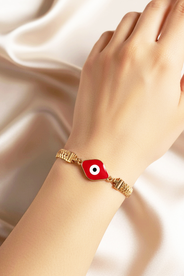 Bold Gold Snake Chain Bracelet with Red Enamel Evil Eye