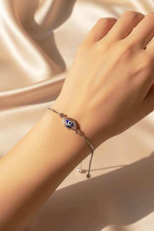 Elegant Silver Adjustable Slider Bracelet with Pave Evil Eye Charm