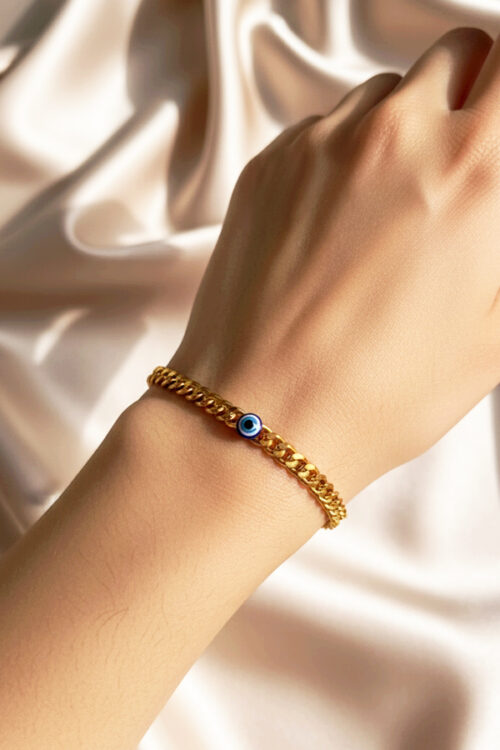Chunky Gold Curb Chain Bracelet with Central Evil Eye Charm