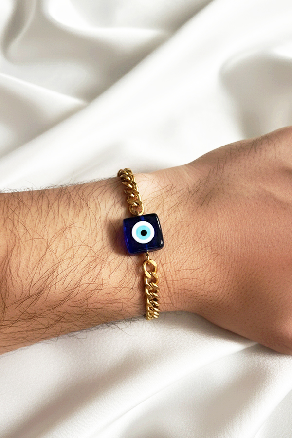 Bold Gold Curb Chain Bracelet with Square Glass Evil Eye Charm