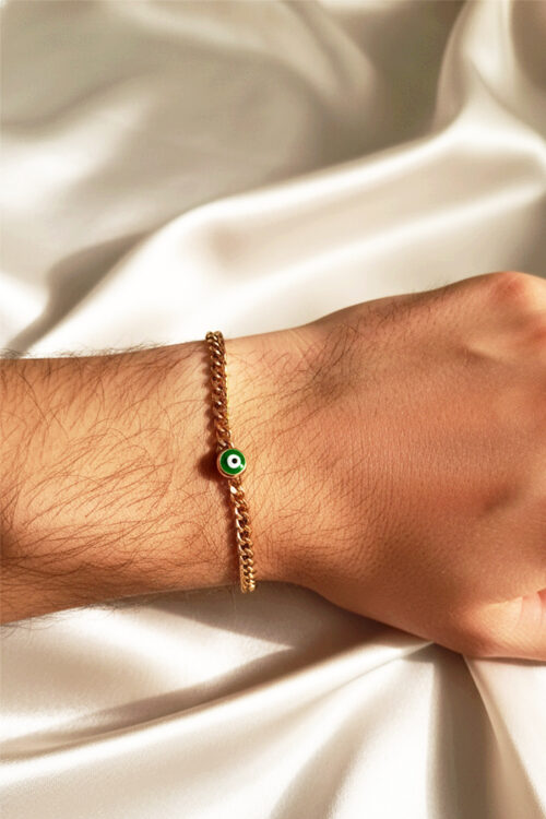 Unisex Gold Curb Chain Bracelet with Green Evil Eye Charm